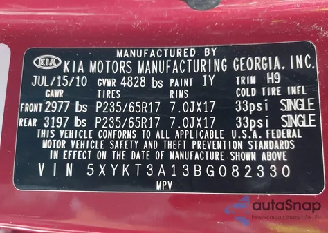 2011 Kia Sorento Lx из США, поврежденный, VIN 5XYKT3A13BG082330